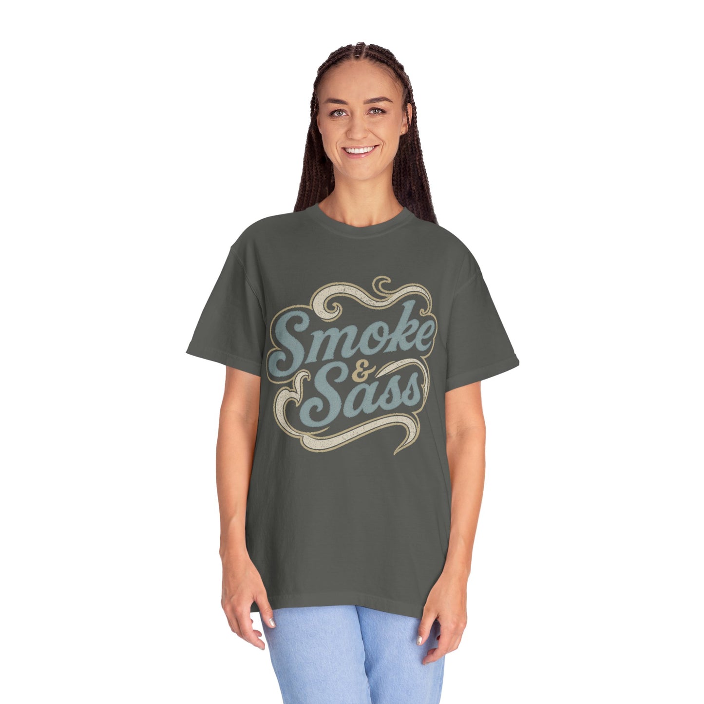 “Smoke & Sass” Vintage Western Graphic Tee | Dusty Blue + Taupe Retro Cowgirl Shirt