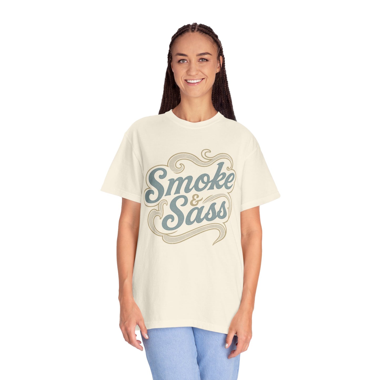 “Smoke & Sass” Vintage Western Graphic Tee | Dusty Blue + Taupe Retro Cowgirl Shirt