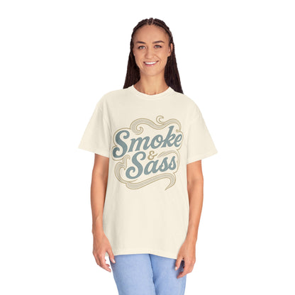 “Smoke & Sass” Vintage Western Graphic Tee | Dusty Blue + Taupe Retro Cowgirl Shirt